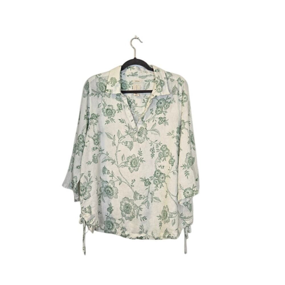 Joie Womens Floral Linen Top Size 1X White & Green Cottagecore Feminine Preppy